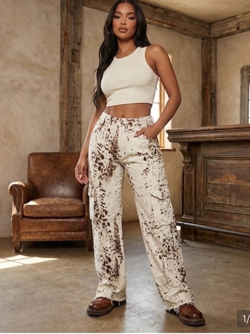 Fashion Nova Brown And Cream Cargo Cow Print Pants Womens Size XL